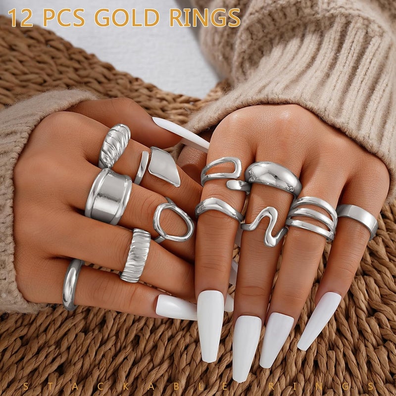17mile Chunky Gold Stackable Rings for Women Non Tarnish, 18K Gold-Plated Statement Open Stacking Rings, Knuckle Band Ring Set - Image 5